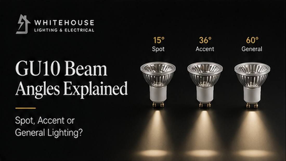  GU10 beam angle guide comparing 15 degree spot, 36 degree accent and 60 degree general-lighting beams.