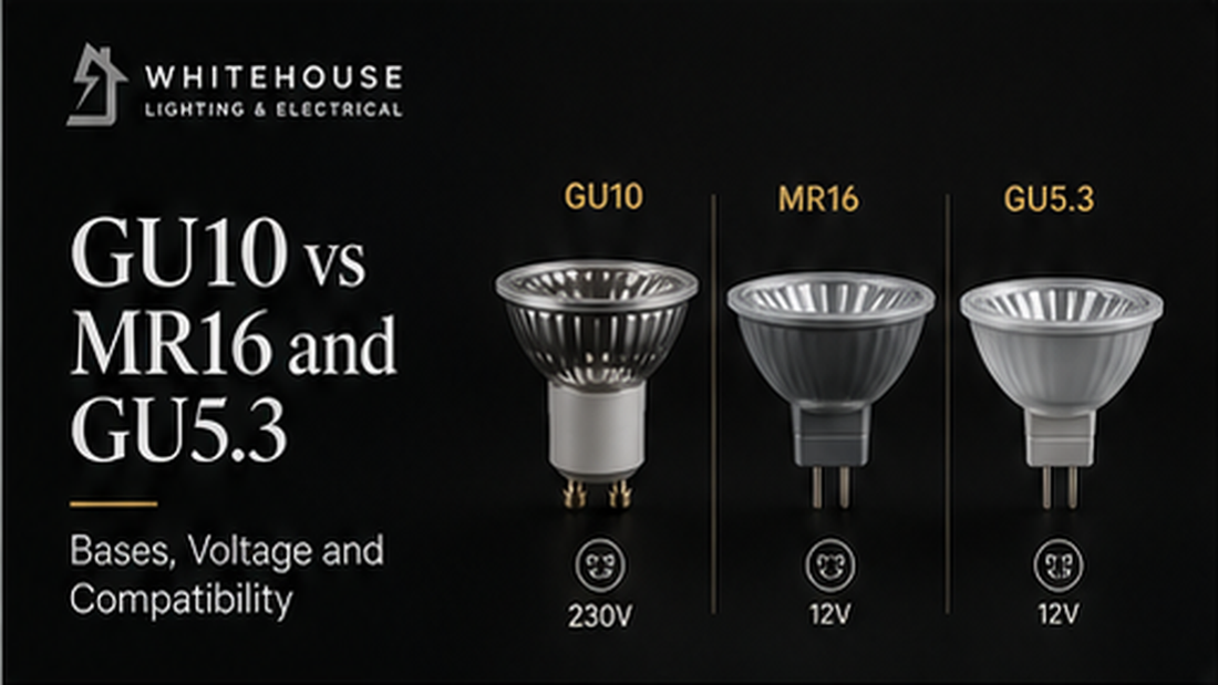 Comparison image of GU10, MR16 and GU5.3 downlight lamps showing bases, voltage and compatibility.