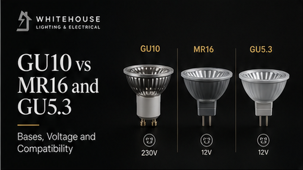 Comparison image of GU10, MR16 and GU5.3 downlight lamps showing bases, voltage and compatibility.