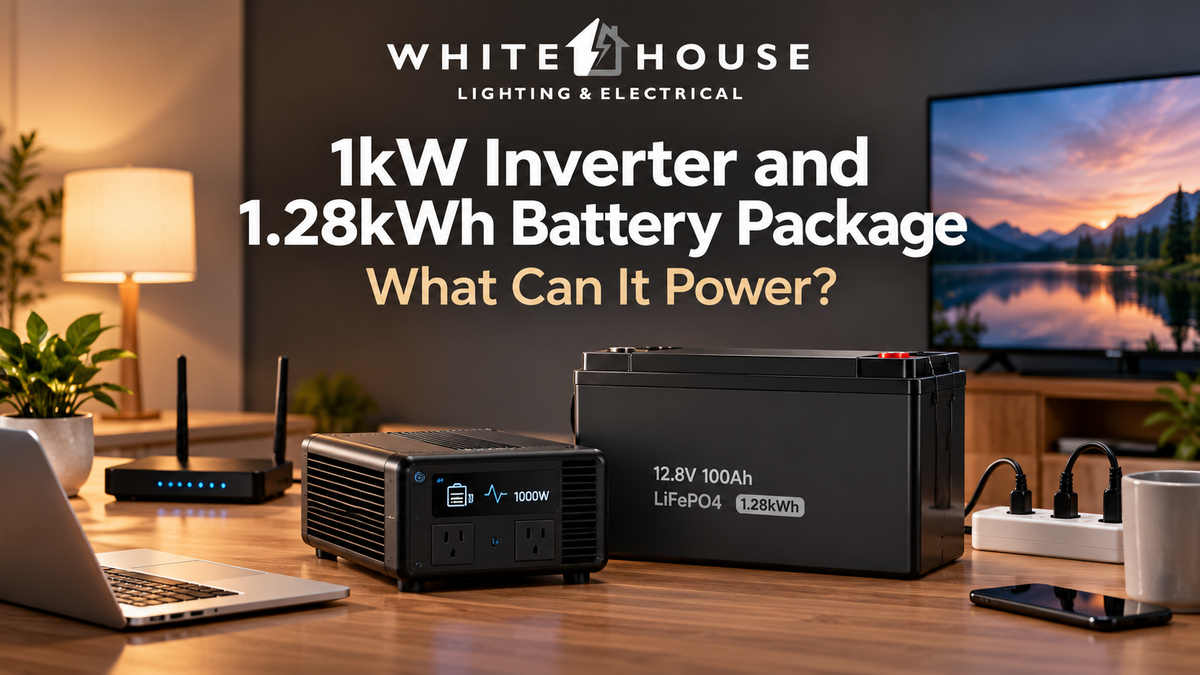 Compact 1kW inverter and 1.28kWh battery backup package illustrating essential household appliances it can power.