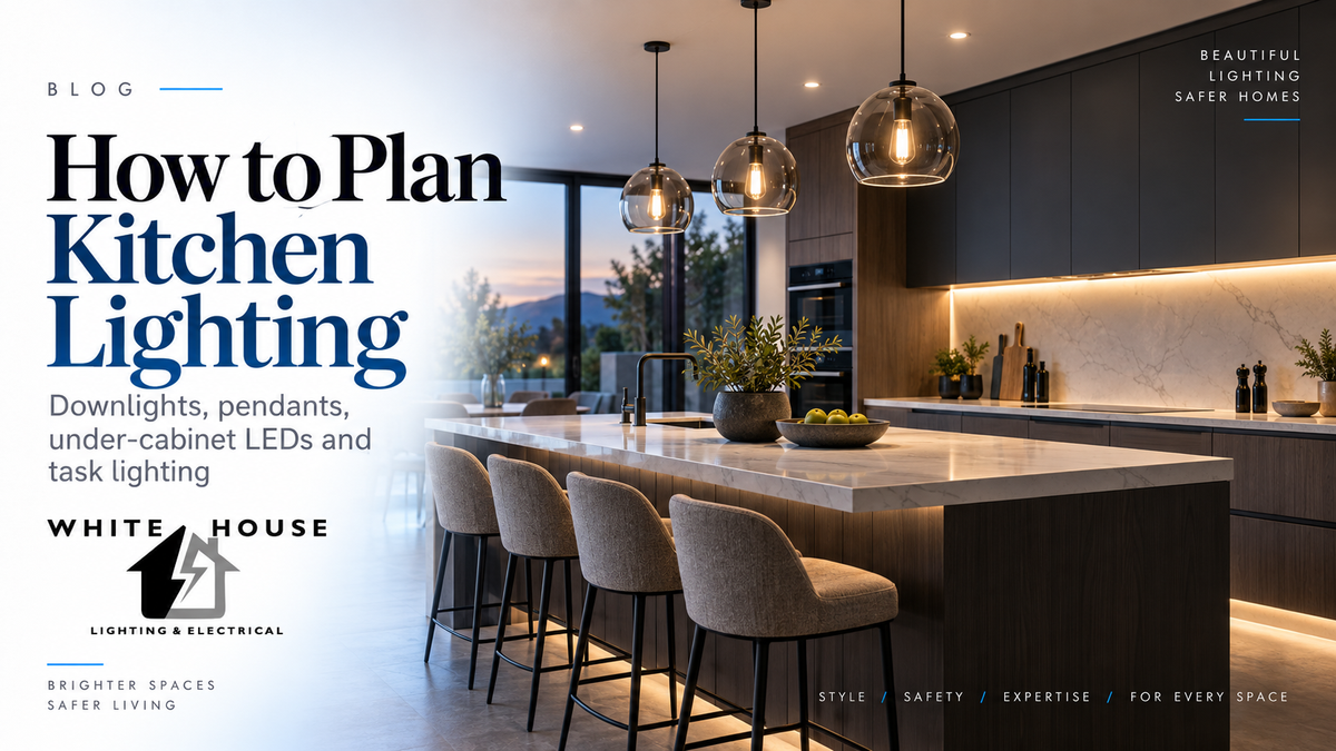 Modern kitchen with pendant lights, recessed downlights and under-cabinet LED lighting demonstrating layered kitchen lighting design.