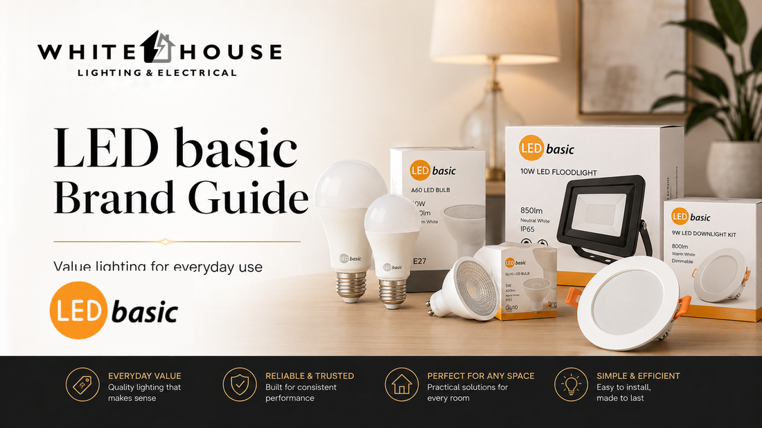LED Basic value-lighting range with globes, GU10 lamps, floodlights and downlight fittings.