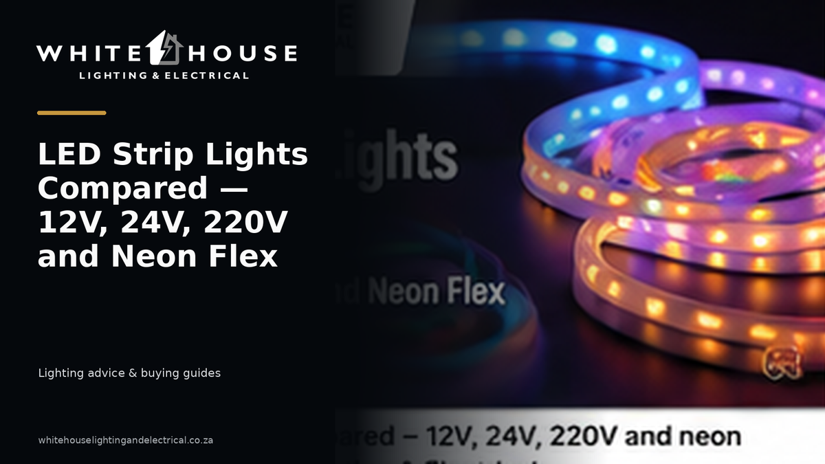 Different LED strip lighting types illustrating 12V, 24V, 220V and neon flex options.