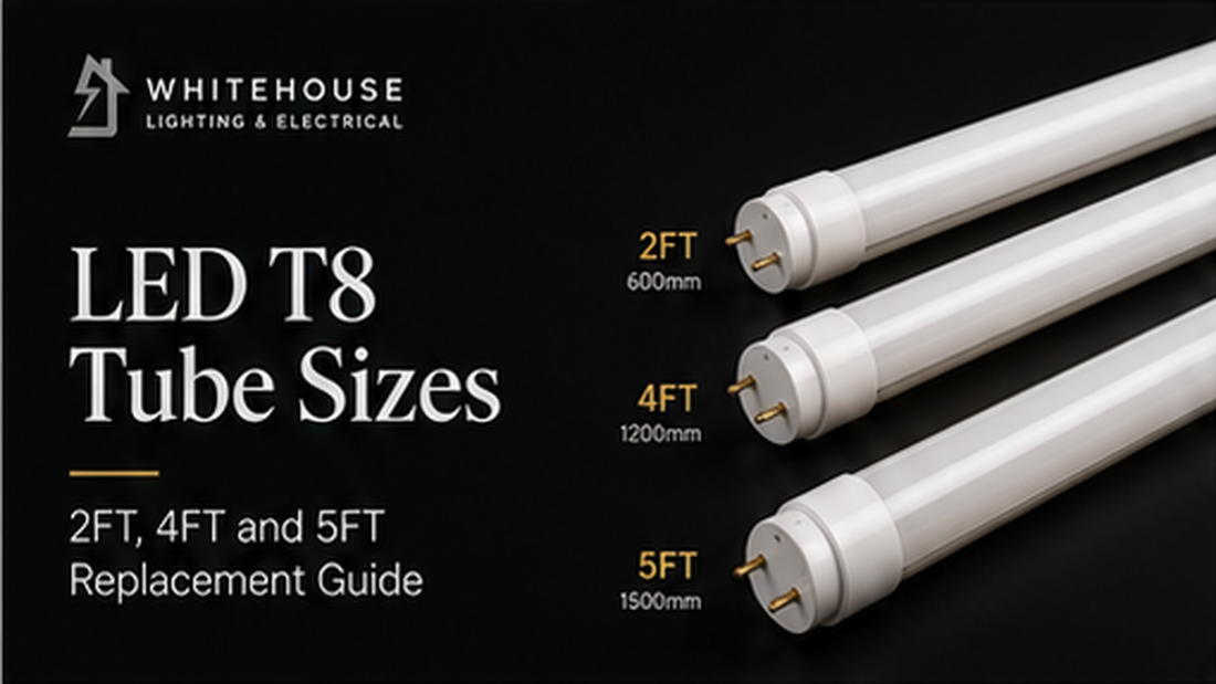 LED T8 tube sizes guide showing 2FT, 4FT and 5FT replacement options with size labels and product imagery.