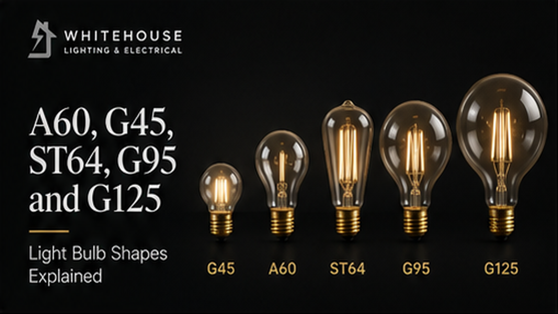 Light bulb shape guide showing A60, G45, ST64, G95 and G125 globe styles side by side.