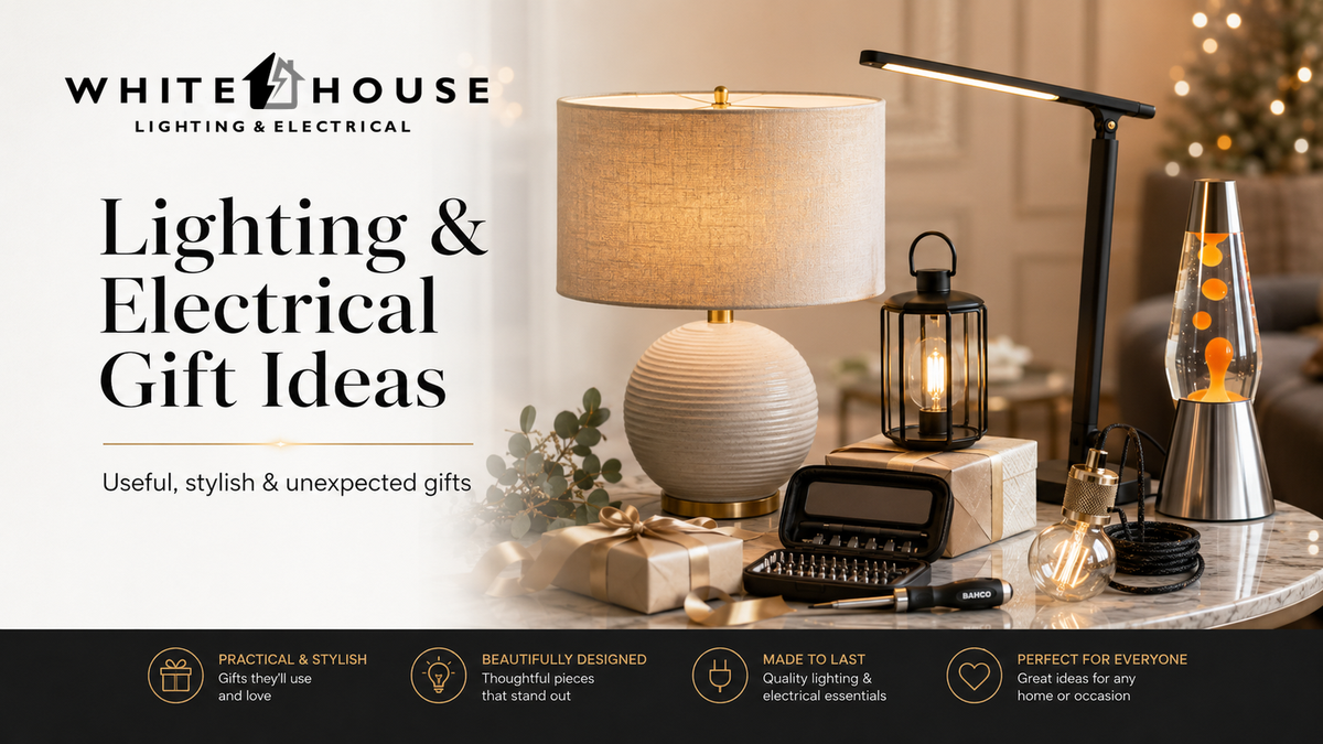 Lighting and electrical gift ideas including table lamps, rechargeable lanterns, desk lights and tool sets.