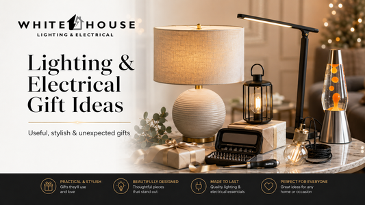 Lighting and electrical gift ideas including table lamps, rechargeable lanterns, desk lights and tool sets.