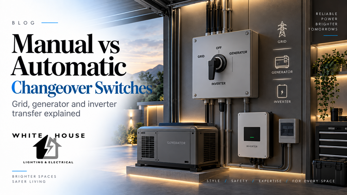 Electrical changeover switch with grid, generator and inverter backup systems illustrating manual and automatic power transfer options.