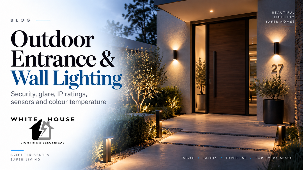 Modern home entrance at dusk with wall lights and pathway lighting illustrating outdoor security lighting, glare control and sensor applications.