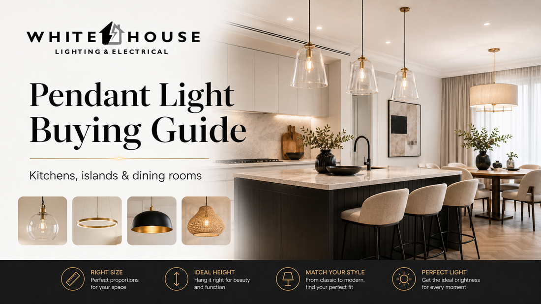 Modern pendant lights above a kitchen island illustrating pendant size, height, spacing and style selection.
