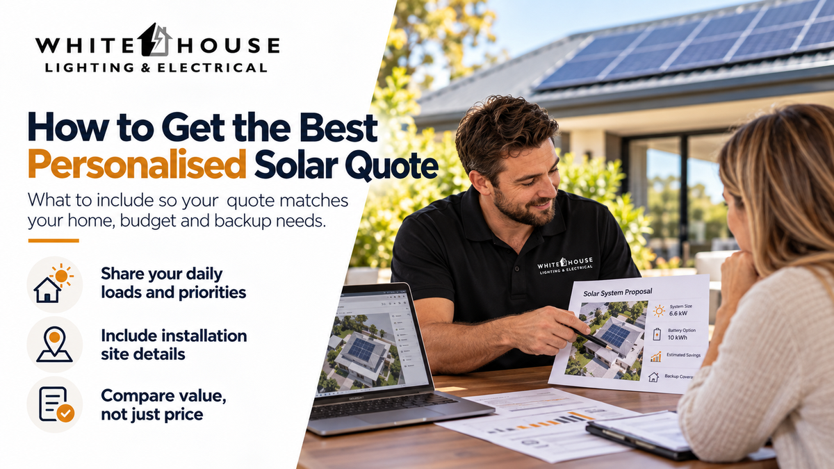 Whitehouse solar consultant reviewing a personalised solar proposal with a homeowner, including system size, battery needs and roof layout.
