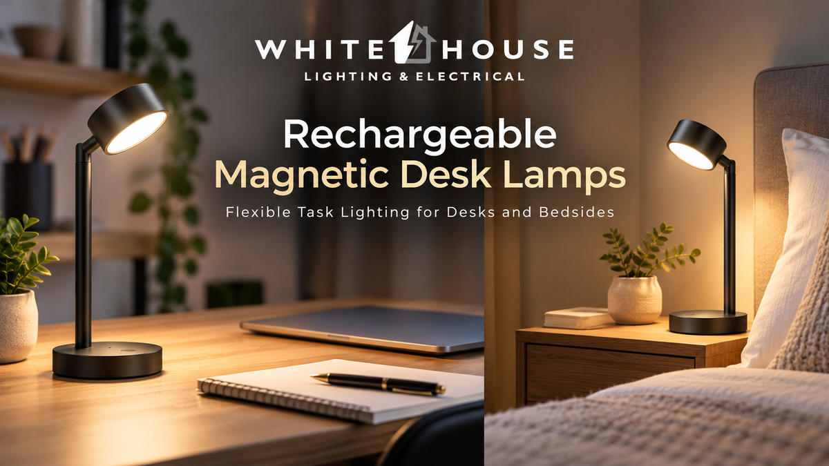 Modern rechargeable magnetic desk lamp providing flexible task lighting for desks, studies and bedside use.