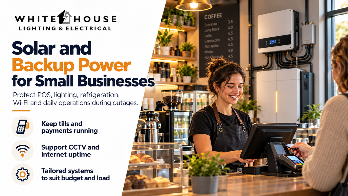 Small business using solar and battery backup to keep POS, Wi-Fi, CCTV, lighting and refrigeration operating during outages.