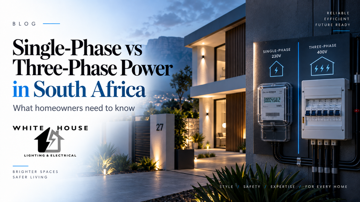 Modern South African home with electrical meter and distribution board comparing single-phase 230V and three-phase power systems.