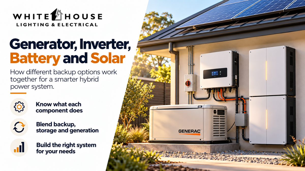 Hybrid energy system combining solar panels, inverter, lithium battery and generator for reliable home backup power.