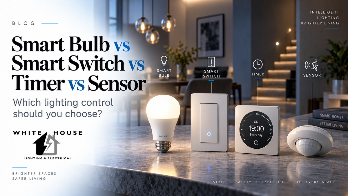 Smart bulb, smart wall switch, lighting timer and motion sensor compared in a modern home lighting control setup.