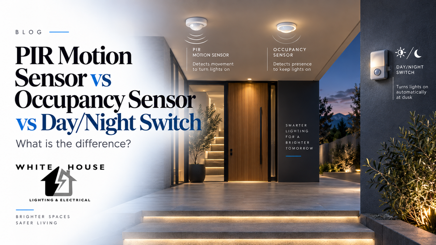Modern home entrance showing PIR motion sensor, occupancy sensor and day-night switch for automatic lighting control.