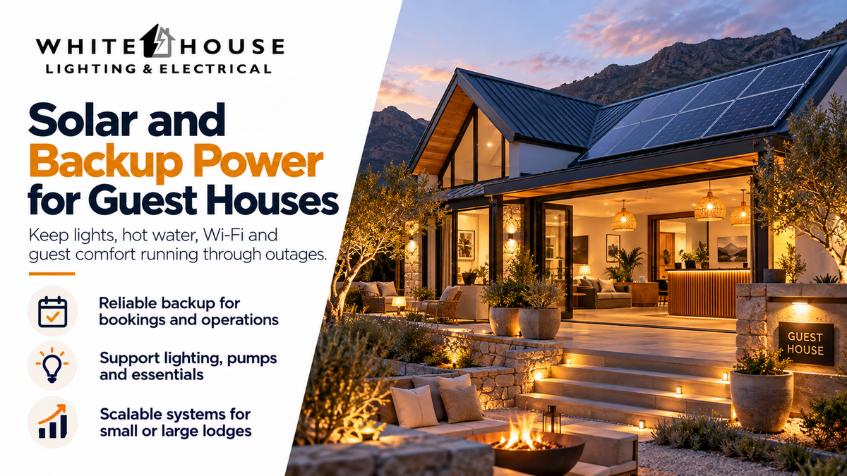 Guest house with rooftop solar panels illustrating reliable backup power for lighting, Wi-Fi, pumps, hot water and guest comfort.