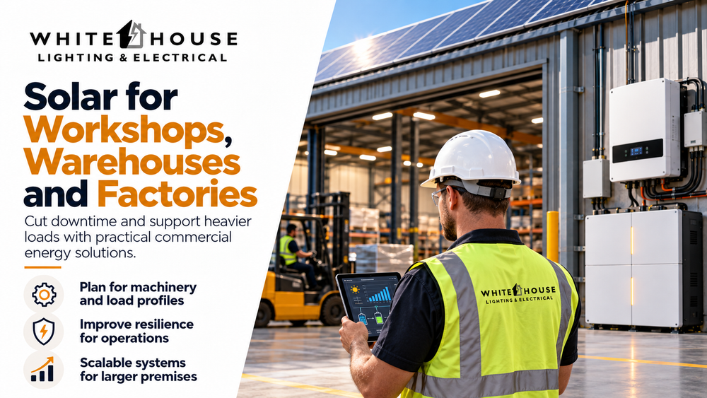 Industrial warehouse with solar panels, inverter and battery storage illustrating backup power for workshops, warehouses and factories.