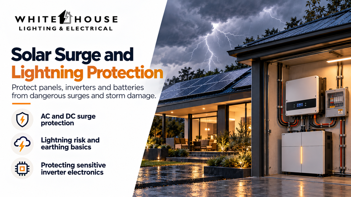 South African home solar system during a storm illustrating surge protection, lightning risk, earthing and inverter protection.