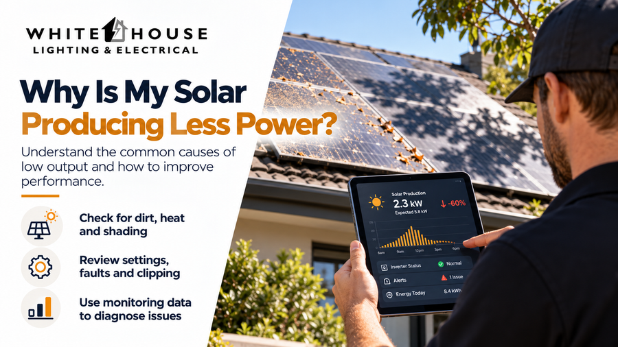 Solar panels with dirt and shading being checked with monitoring data to diagnose low solar output, heat, clipping and faults.