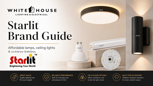 Starlit lighting range featuring a GU10 lamp, LED tube, ceiling-light module and outdoor wall light.