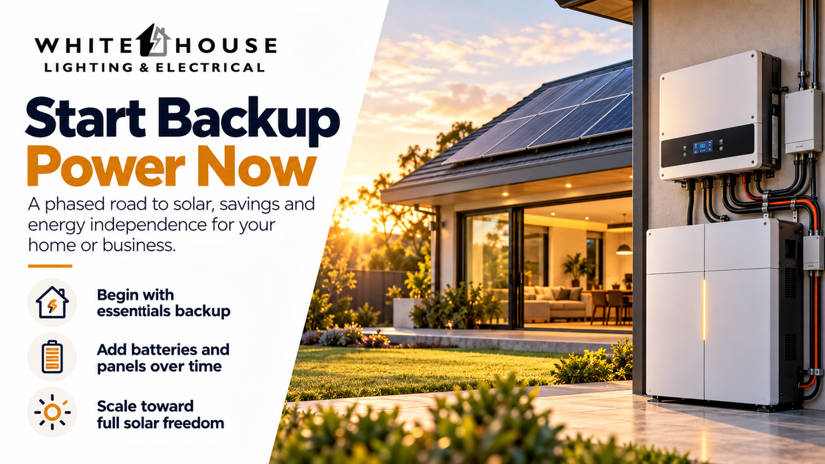Modern home solar and battery system illustrating a phased path from essential backup power to greater solar energy independence.