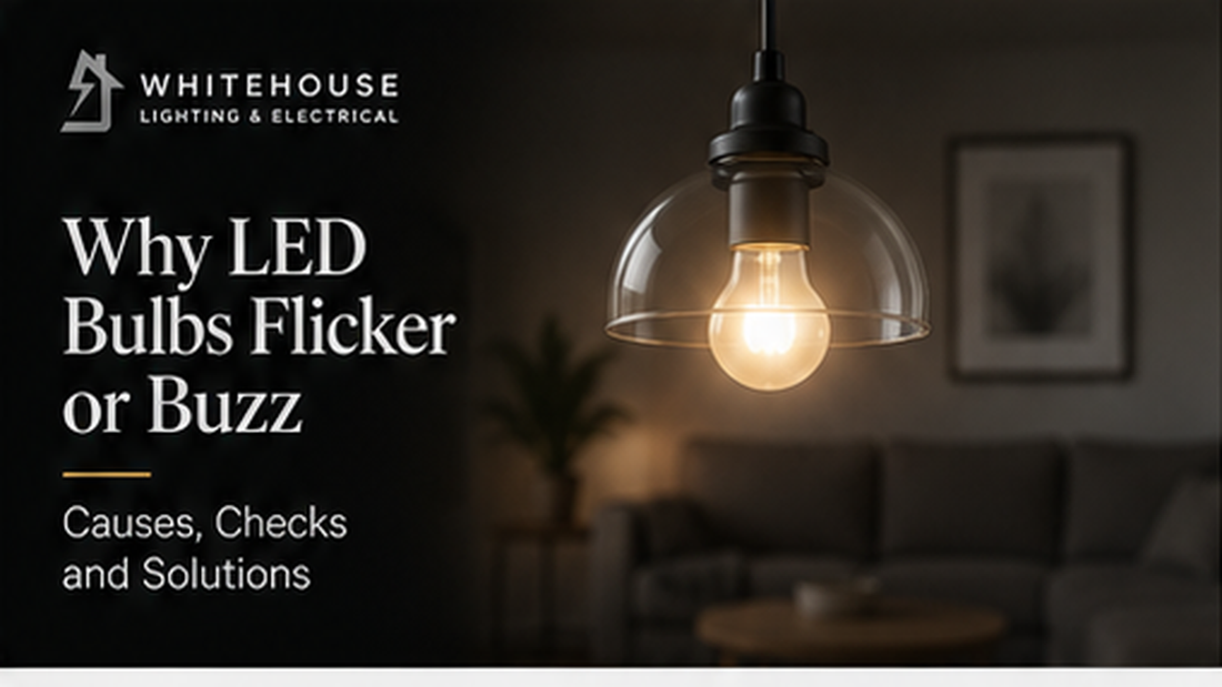 LED bulb troubleshooting cover showing a hanging bulb and explaining flicker, buzzing causes and solutions.