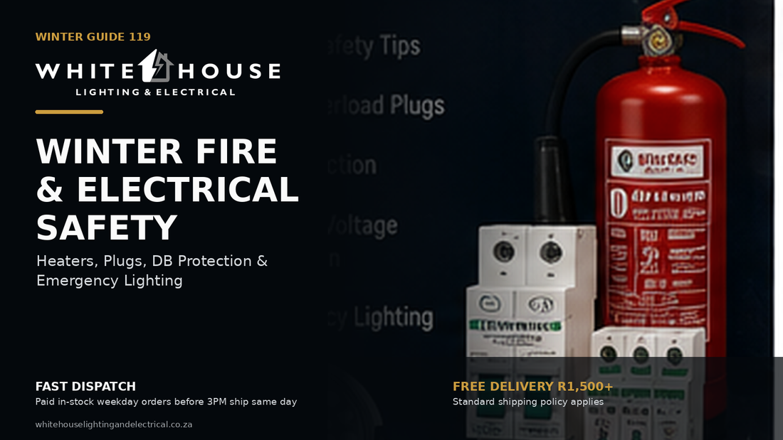 Winter electrical safety guide covering heater use, plugs, DB protection, surge protection and emergency lighting.
