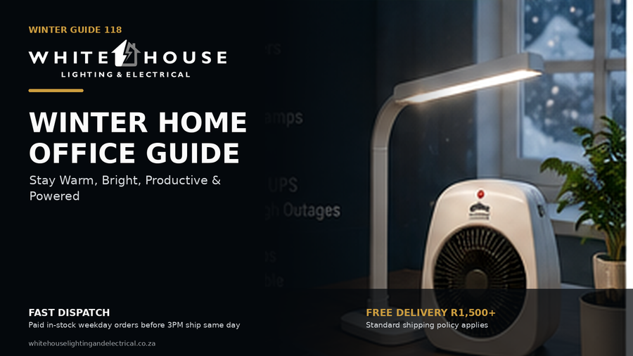 Winter home-office setup with compact heating, desk lighting and backup power for comfort and productivity.
