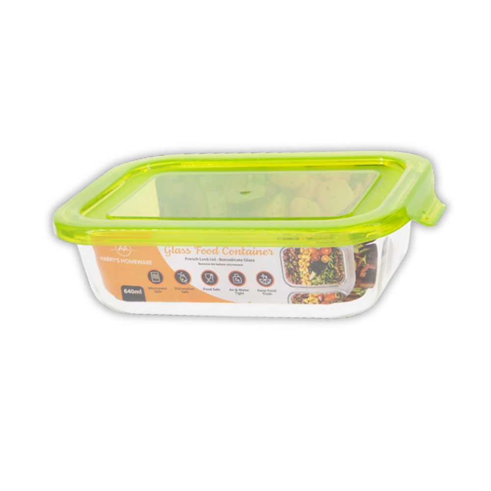 Harry's Homeware 640ML Click-Lock Rectangle Borosilicate Food Container (Green lid)