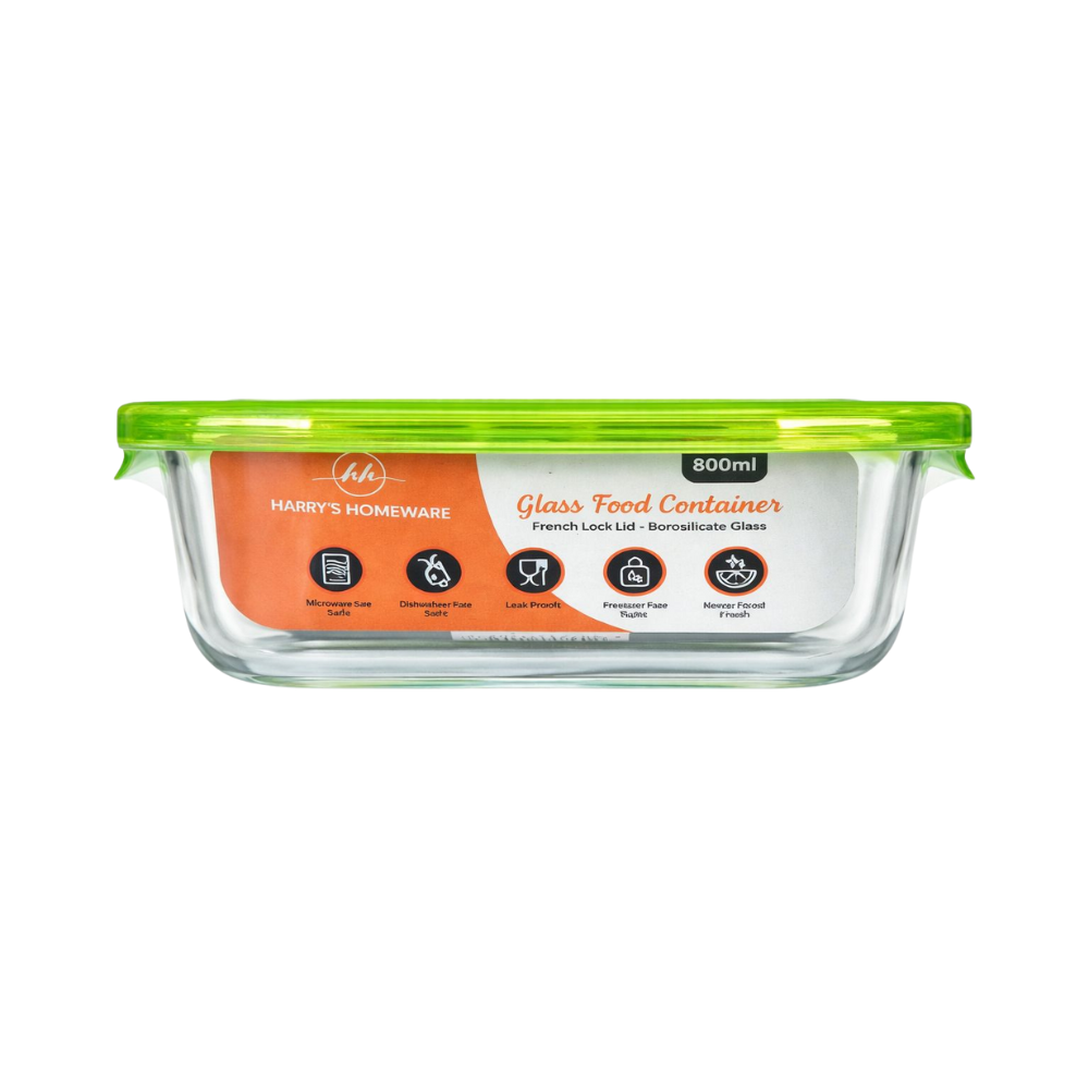 Whitehouse Lighting And Electrical Harry's Homeware 800ML F/Lock Square Borosilicate Food Container (Green lid)  Harry's Homeware
