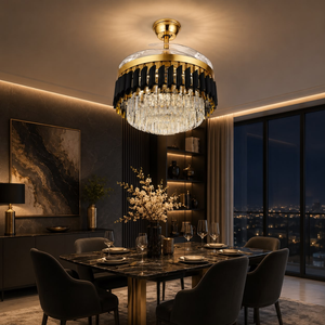 WHL&E Luxury Retractable Black And Gold Ceiling Fan Light