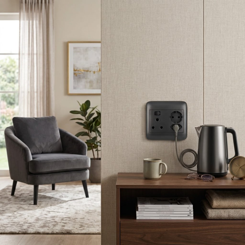 Whitehouse Lighting And Electrical Onesto Oracle Black 4x4 Single + Euro + Schuko Socket  Onesto