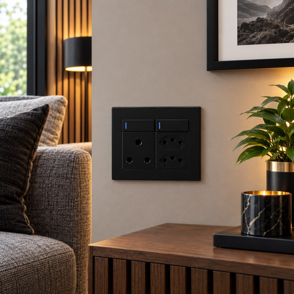 Whitehouse Lighting And Electrical Horizon Black Single RSA Socket + 2 Euro Sockets  Horizon