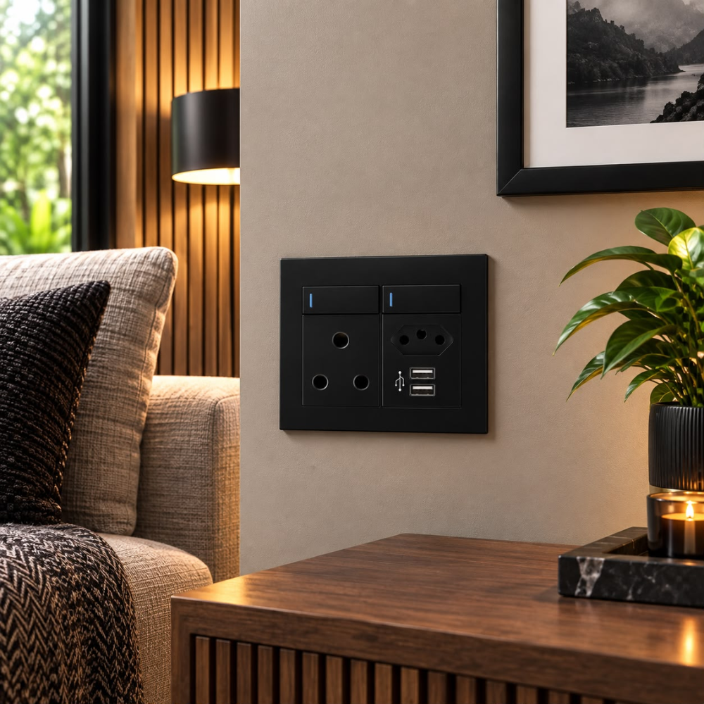 Whitehouse Lighting And Electrical Horizon Black Single RSA + Euro + 2 USB Socket  Horizon