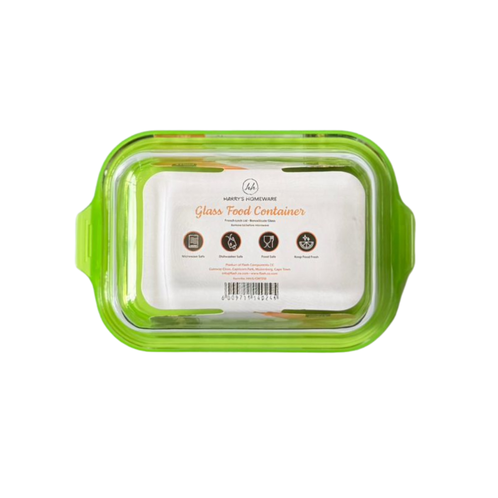 Whitehouse Lighting And Electrical Harry's Homeware 370ML F/Lock Rectangle Borosilicate Food Container (Green lid)  Harry's Homeware