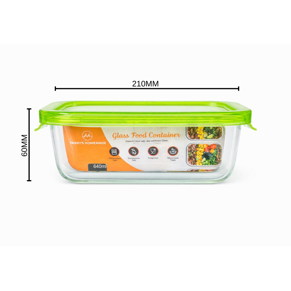 Whitehouse Lighting And Electrical Harry's Homeware 640ML F/Lock Rectangle Borosilicate Food Container (Green lid)  Harry's Homeware
