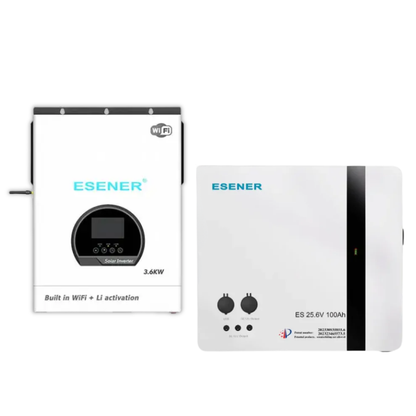 Whitehouse Lighting And Electrical Esener 3.6KW 24V Pro Inverter + Esener 2.56KW 24V Lithium-Ion Battery Combo  Esener